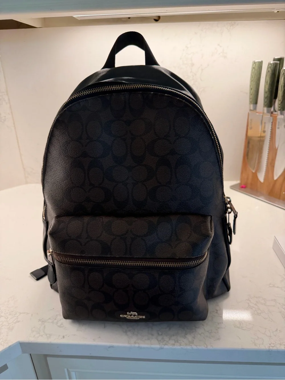 Coach Signature Black Canvas Backpack with Front Zip Pocket